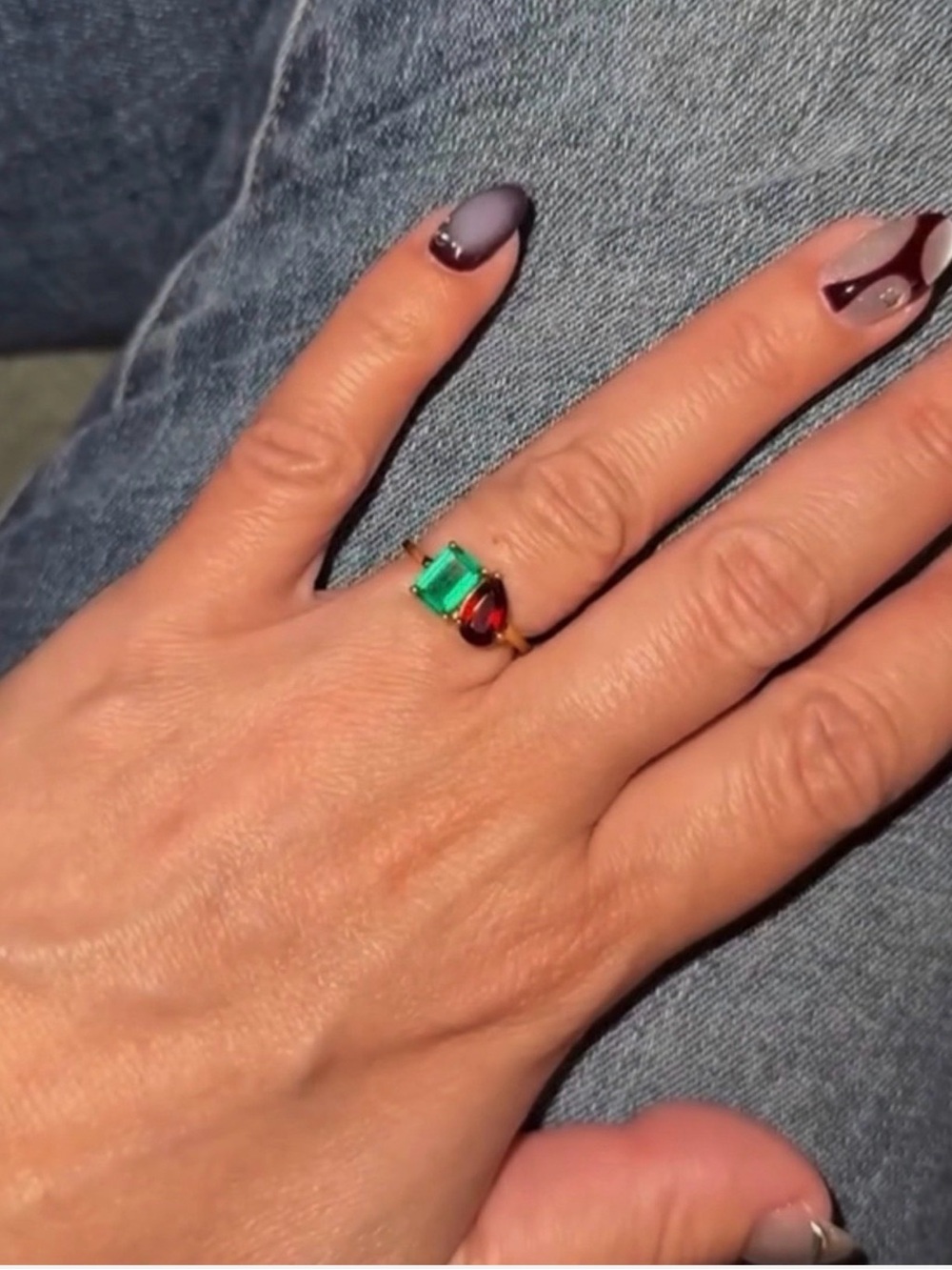 Emerald and Garnet 14K Vermeil Toi et Moi Ring